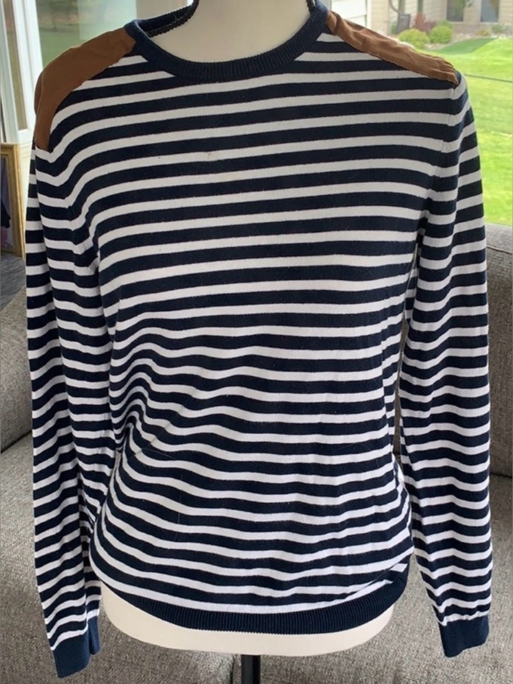 H&M Nautical Striped Knit Sweater Medium Navy White Faux Leather Shoulder Patch